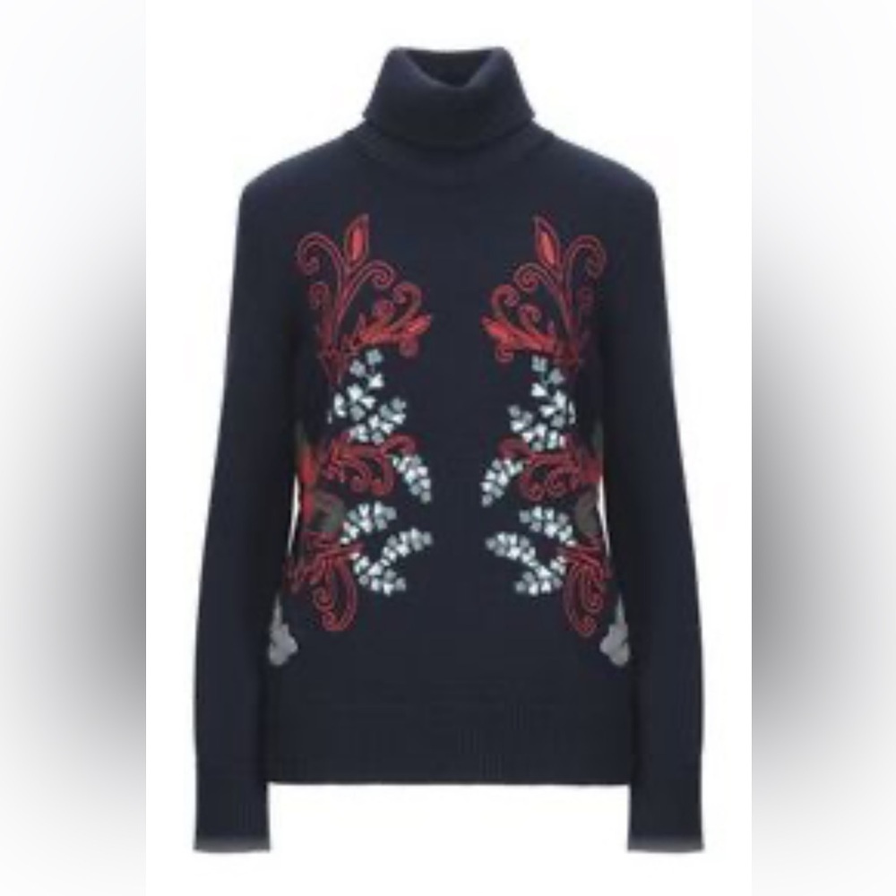 Tory Burch Wool Navy Blue Turtleneck with Red Embroidery Size Small